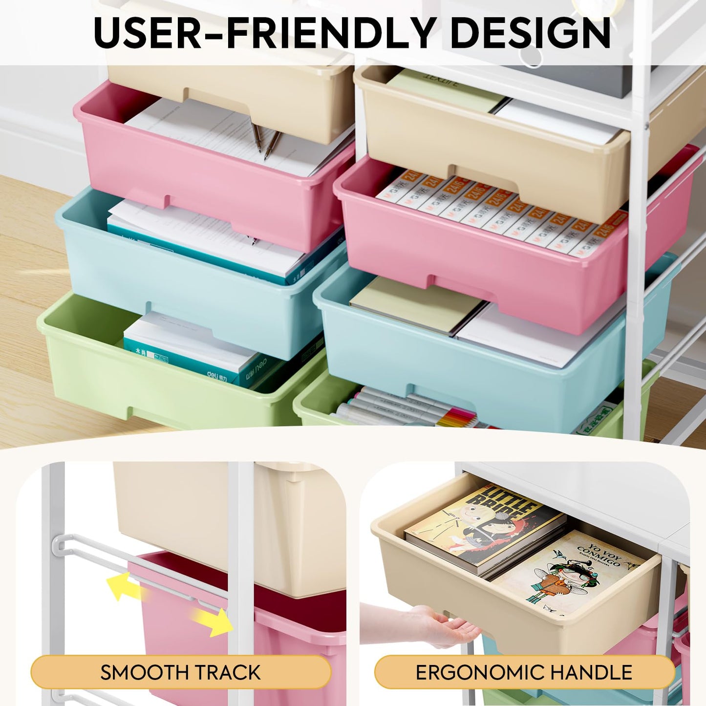 Rolling cart with 8 drawers,Storage drawer cart with wooden tabletop,Lockable wheels organizer for homeschool, arts & crafts, classroom, office & creative spaces (Colorful)