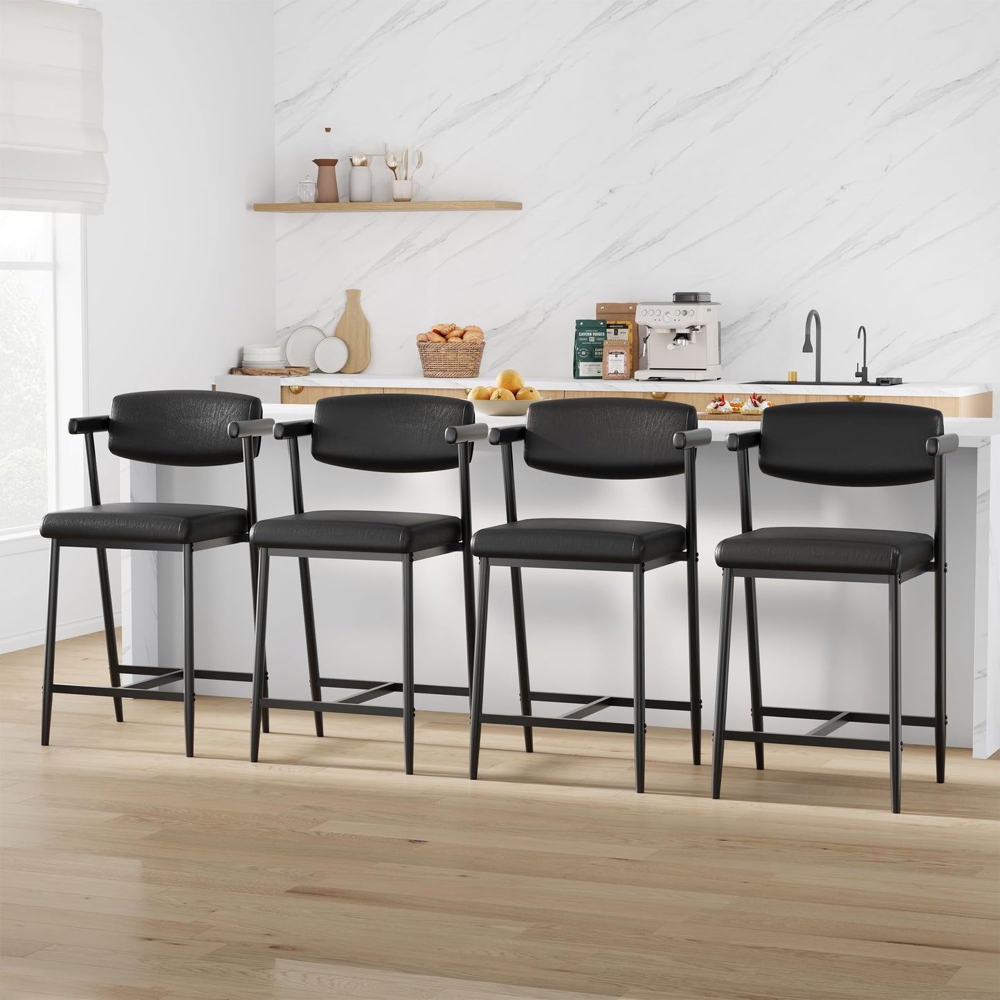 IDEALHOUSE Counter Height Bar Stools Set of 8, 26" Metal Barstools Set with Armrest & Footrest, Bar Chairs with Long Back &Thickened Wide Soft Seat for Kitchen Island, Counter Height Bar, Rustic Black
