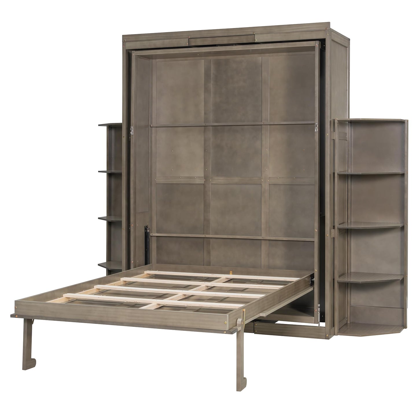 DNYN Rotating Queen Size Murphy Bed Frame with Foldable Desk and Hidden Wall Cabinet for Guest/Study Room, Space-Saving Foldable Wall Bed with Extra Storage Racks, No Box Spring Needed