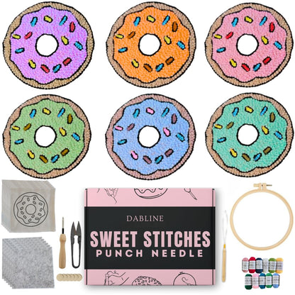 Dabline Punch Needle Kit for Beginners – 6 Pattern Punch Needle Coaster Set with Hoop, Needle, Threader, Yarn & Backing Fabric for Adults and Kids DIY Craft