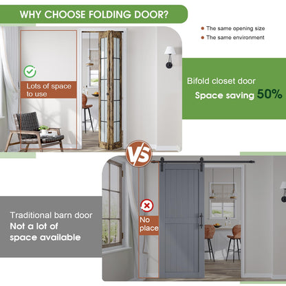 CEAKIAN Preassembled Bifold Closet Doors for 30" X 80" Opening, Country Style,Space Saving, Tempered Frosted Glass with Black Cross Grid, Bi folding Barn Door with Concealed Hardware Kit, Easy Install