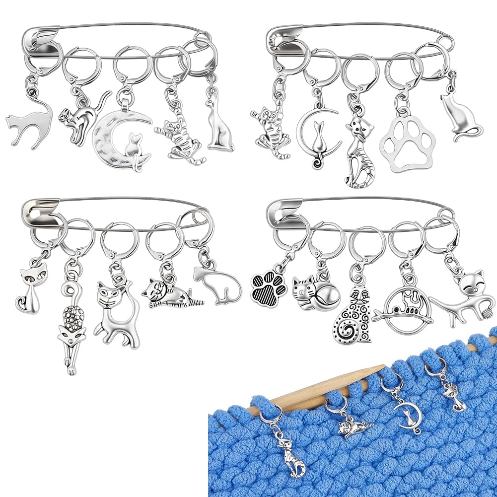 PH PandaHall 20 Styles Cat Stitch Markers with 4PCS Safety Pins Paw Print Moon Crochet Stitch Marker Charms Antique Silver Kitten Knitting Locking Marker for Weaving Quilting Sewing Jewelry Making