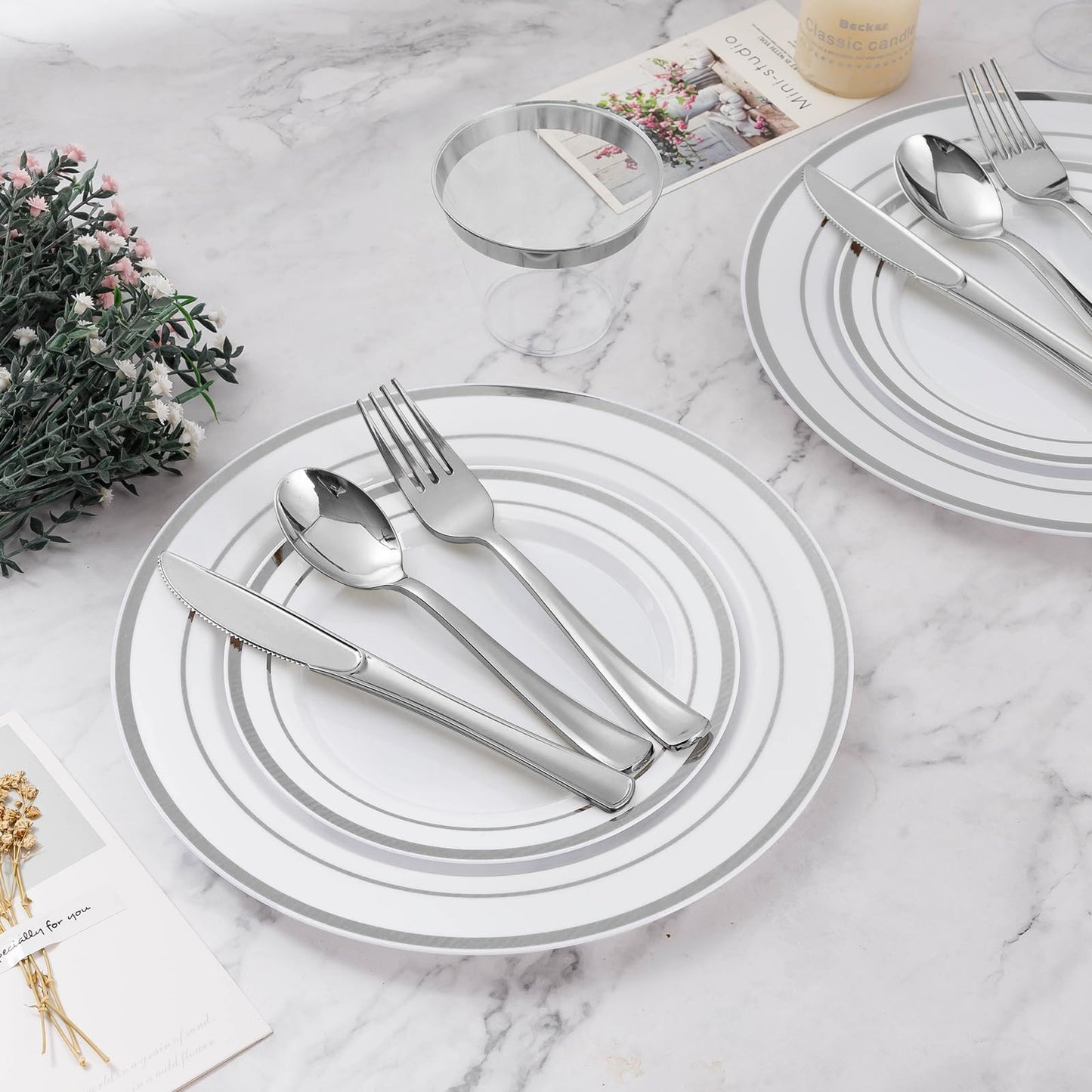 BESTVIP 600PCS Silver Dinnerware Set for 100 Guests, Plastic Plates for Party, 100 Silver Disposable Plates, 100 Dessert Plates, 100 Cups, 100 Spoons, 100 Forks and 100 Knives