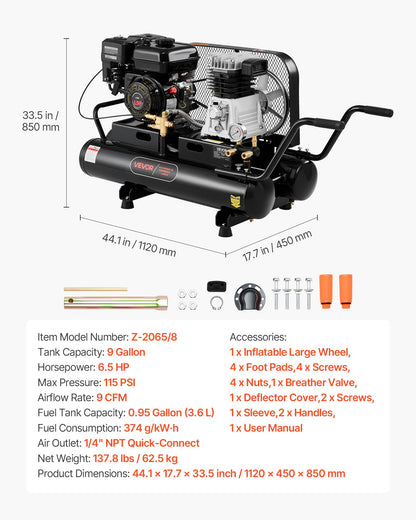 VEVOR 9 Gallon Twin-Tank Gas Powered Air Compressor, 6.5HP 9CFM Gas Driven Air Compressor Tank on Wheels, Max 115PSI Piston Pump Air-Compressed System for Tire Inflation, Auto Repairs, Spray Painting