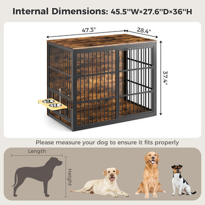 Lyromix 48'' XXL Dog Crate Furniture with Rotating Feeder, Large Wooden Crate End Table, Heavy Duty Indoor Kennel Cage for Medium to Large Dogs, Brown