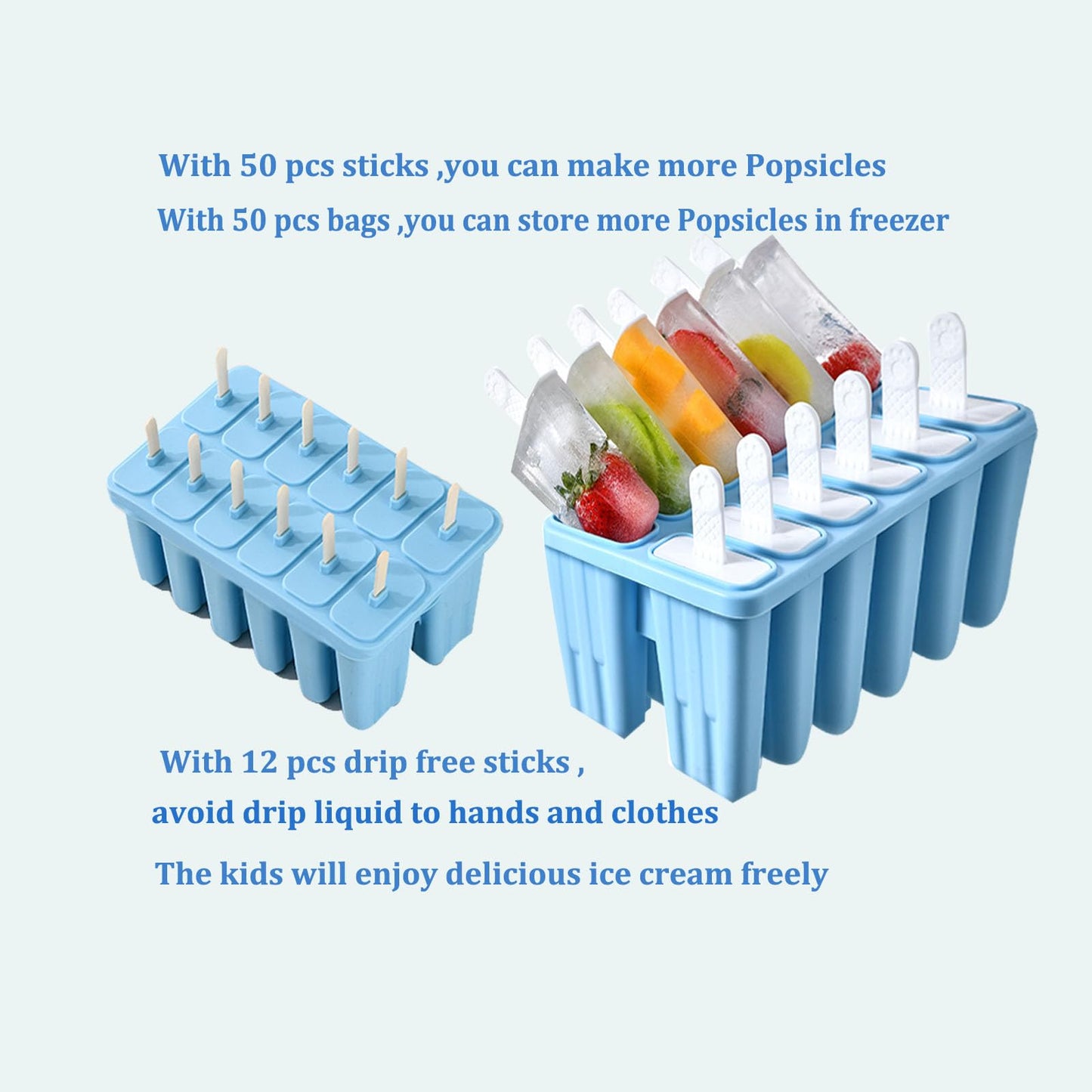 Silicone Popsicle Molds with Sticks Wpunwen 12 Cavity Ice Popsicle MoldsIce Cream Mold with Clean Brush 12 Reusable Sticks 50 Sticks 50 Bags Blue