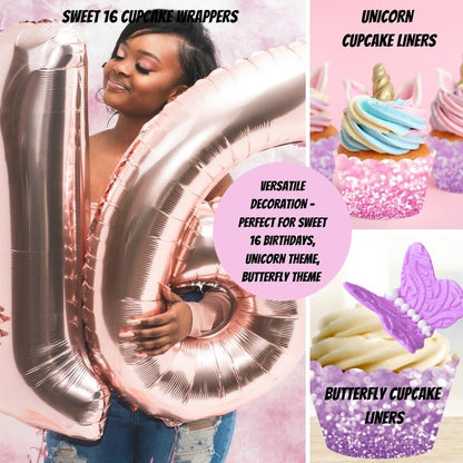 Andaz Press Party Cupcake Wrapper Decorations, Faux Pink and Lavender Purple Glitter, 24-Pack, Magical Unicorn Princess