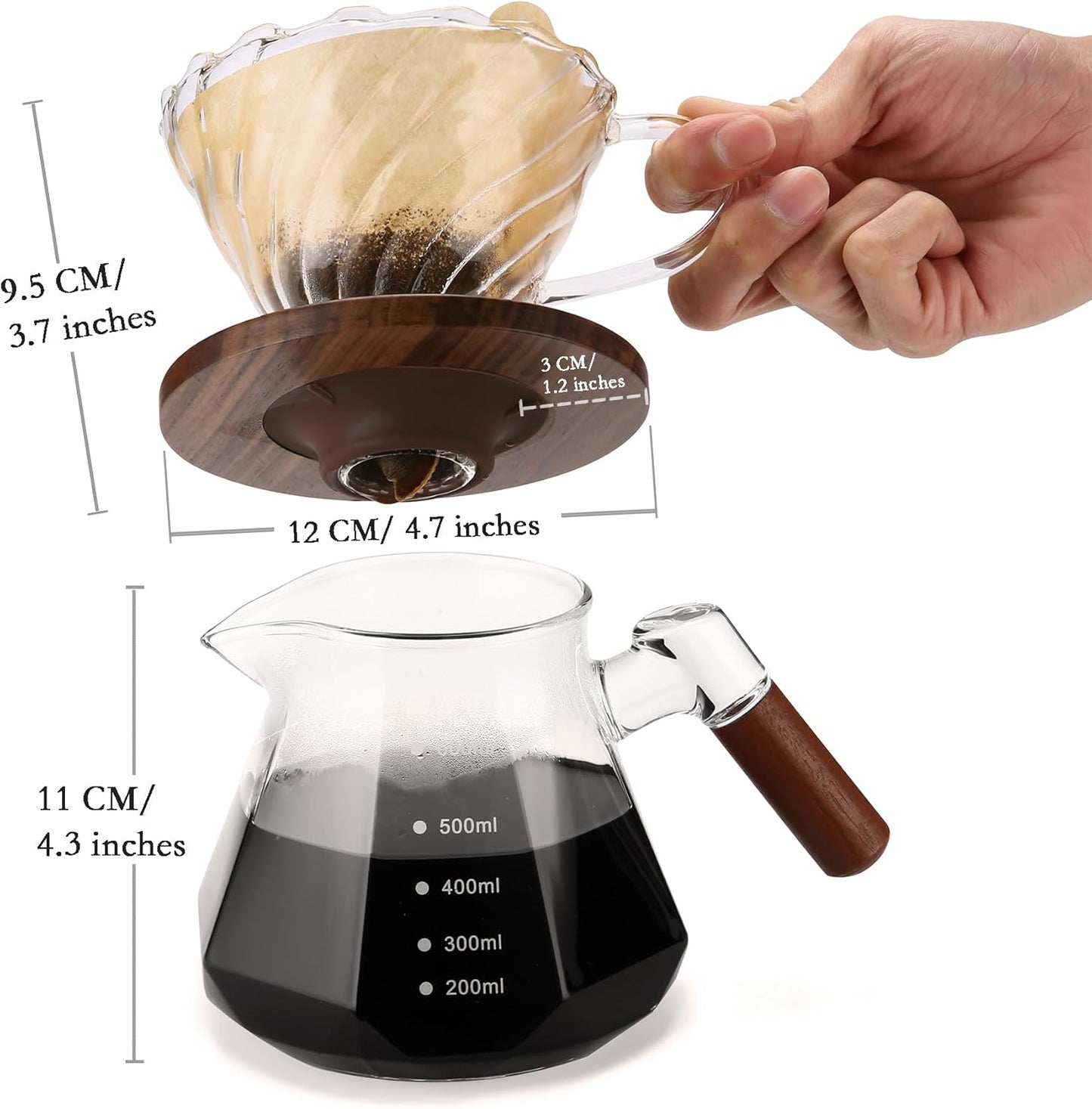 Pour Over Coffee Maker, 20 oz Borosilicate Glass Set with 100 pcs V60 Paper Filter, Walnut Collar