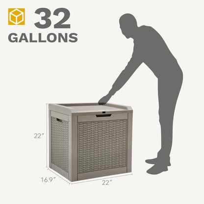 32 DWVO Gallon Indoor Outdoor Storage Box, Resin Rattan Small Deck Box for Patio Furniture, Cushions, Garden Tools