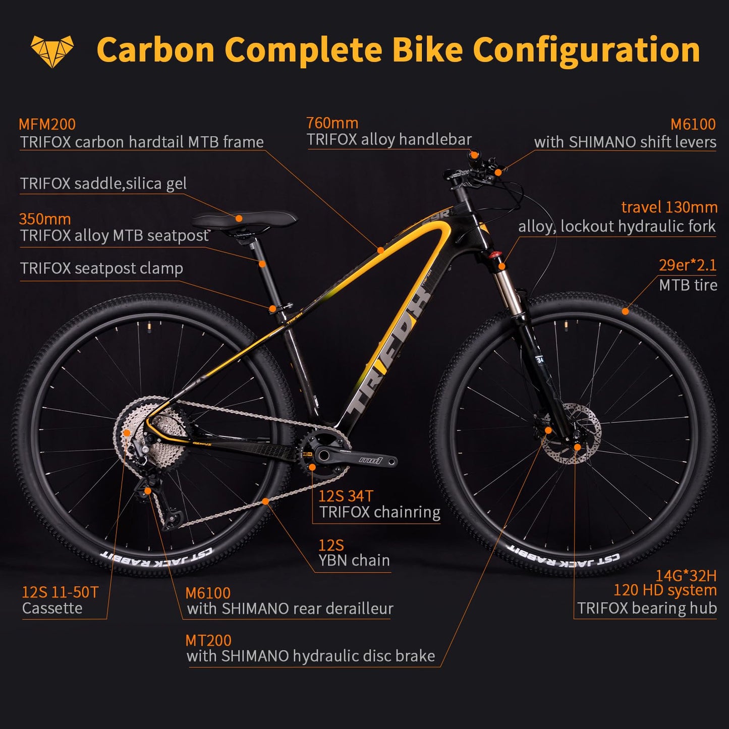 TRIFOX Carbon Fiber Mountain Bike with Shimano M6100 Deore Groupset 12-Speed,Carbon Fiber Frame,Hydraulic Fork 130mm Travel,29er Mountain Bike for Adult 17/19 inch (Obsidian Yellow, 29er * 19 inch)