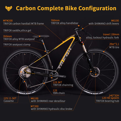 TRIFOX Carbon Fiber Mountain Bike with Shimano M6100 Deore Groupset 12-Speed,Carbon Fiber Frame,Hydraulic Fork 130mm Travel,29er Mountain Bike for Adult 17/19 inch (Obsidian Yellow, 29er * 19 inch)