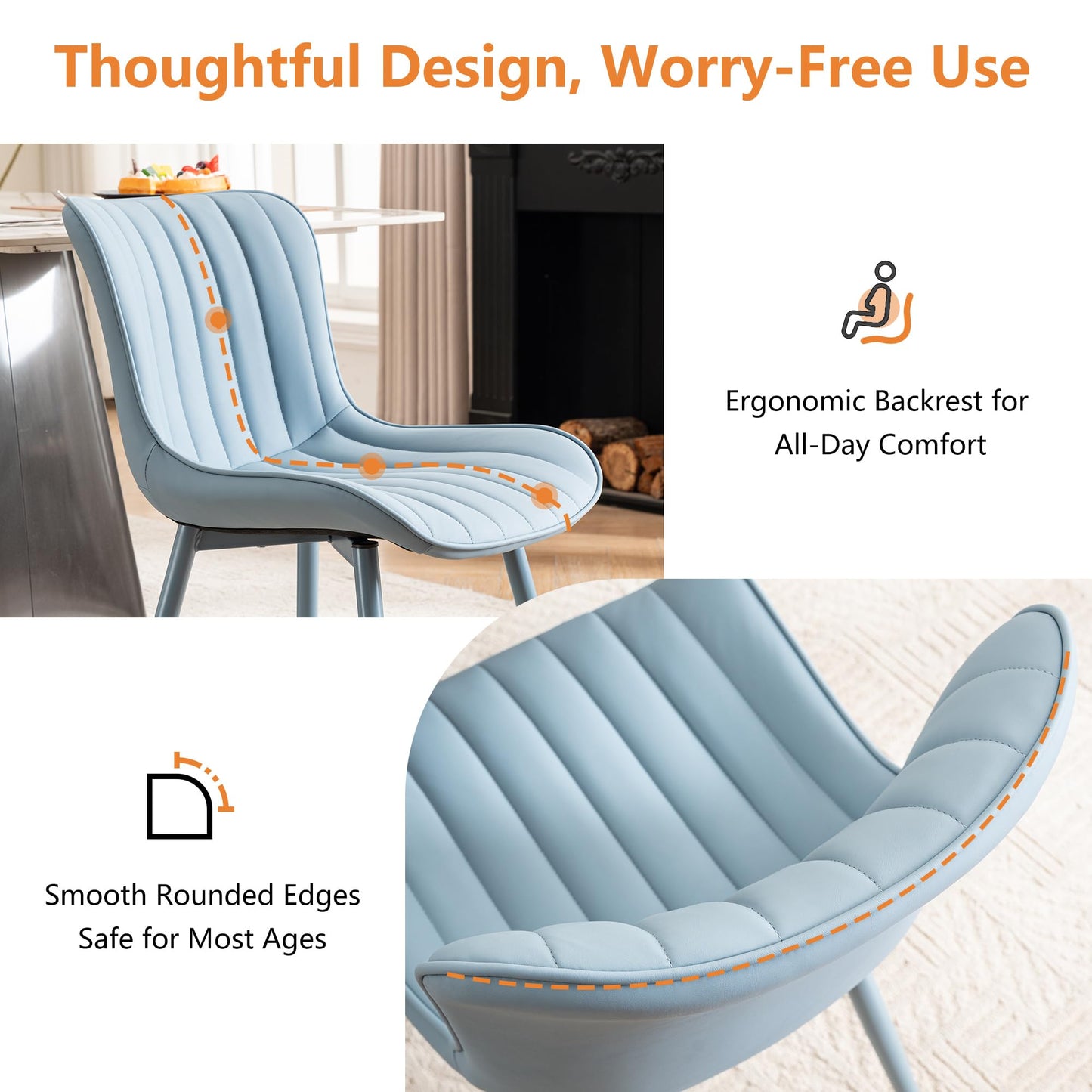 YOUNUOKE Mid-Century Modern Dining Chairs Set of 2, Blue PU Leather Upholstered Kitchen Chairs with Blue Metal Legs, Armless Accent Chair for Dining Room, Guest Reception Room