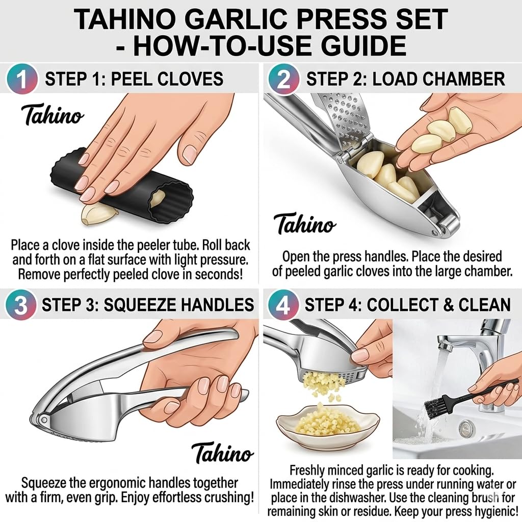 TAHINO Stainless Steel Garlic Press – Heavy Duty Manual Garlic Crusher & Mincer, Ergonomic Handheld Garlic Press Tool for Kitchen, Easy Squeeze & Durable Garlic Crusher