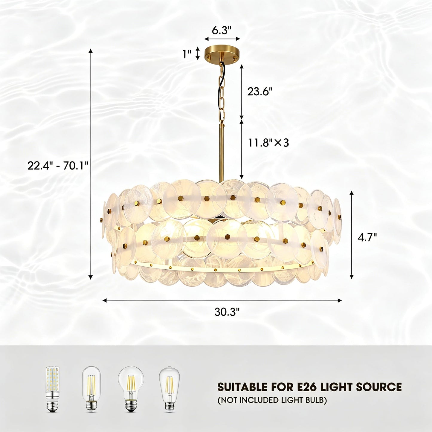 APBEAMLighting 30.3'' Cloud Glass Chandelier Modern, Gold Chandeliers Elegant, Dimmable 8-Light Pendant Ceiling Light Fixture for Girls Room Bedroom Dining Living Room Foyer Kitchen Entryway