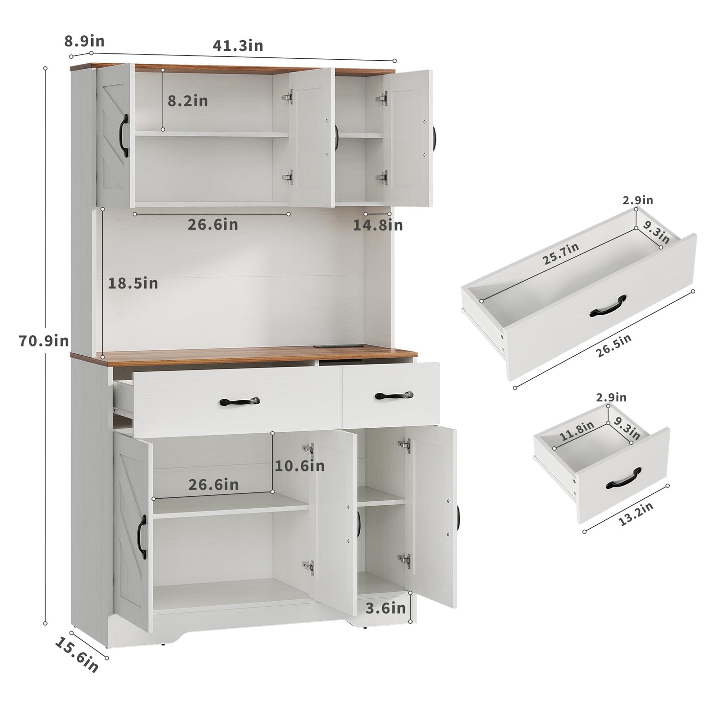 IDEALHOUSE 71" Kitchen Pantry Storage Cabinet with Charging Station, Farmhouse Kitchen Hutch Cabinet with 2 Storage Drawers, Large Food Pantry with Microwave Stand for Dining Room,Living Room,White