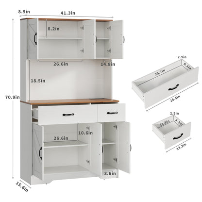 IDEALHOUSE 71" Kitchen Pantry Storage Cabinet with Charging Station, Farmhouse Kitchen Hutch Cabinet with 2 Storage Drawers, Large Food Pantry with Microwave Stand for Dining Room,Living Room,White
