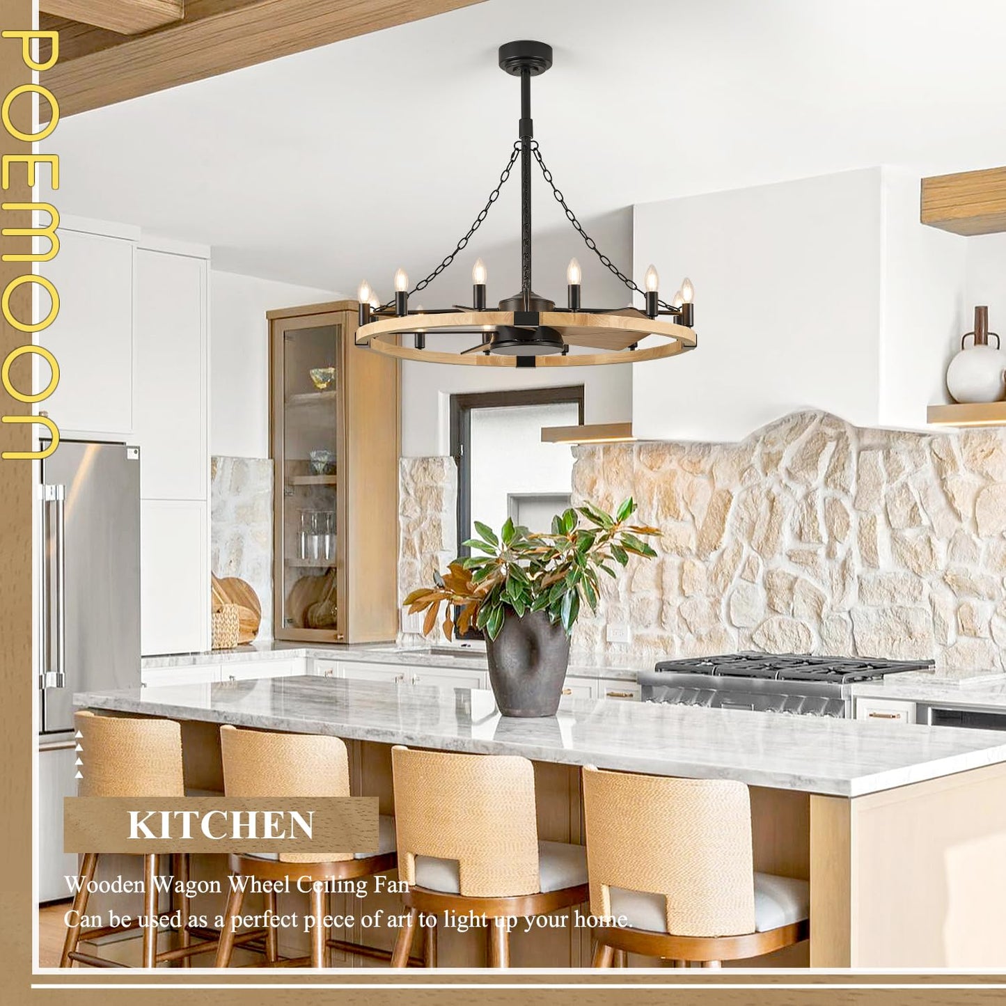Natural Farmhouse Wood Wagon Wheel Chandelier Fans with 12 Lights and Remote, Rustic Wooden Ceiling Fan Light 36in Fandelier for Bedroom Dining Room Kitchen Living Room