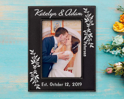 Personalized Newlywed Couples Leather Picture Frame - 7x5 Engraved Wedding Anniversary Gift