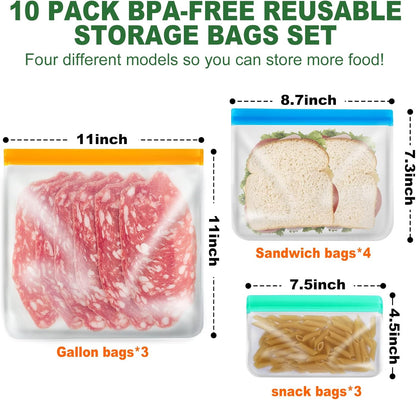 10 Pack Reusable Ziplock Bags, 3 Large Food Storage Gallon Bags, 4 Reusable Sandwich Bags, 3 Snack Bags for Meal Prep