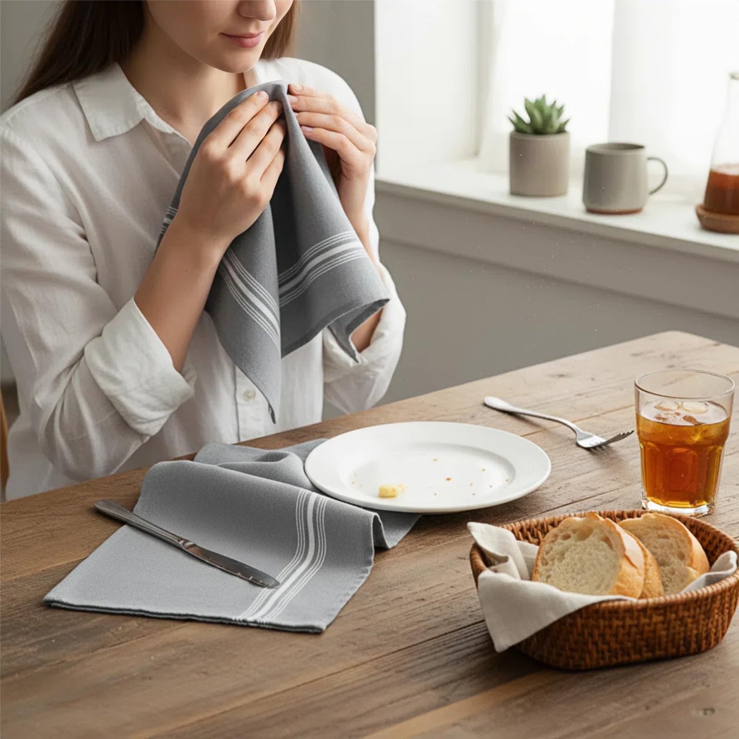 Cloth Napkins Set of 12,Grey Striped Cloth Napkins 18x22 Inch,Polyester Napkins Cloth Washable, Reusable Washable for Fall Christmas Wedding Daily Dining