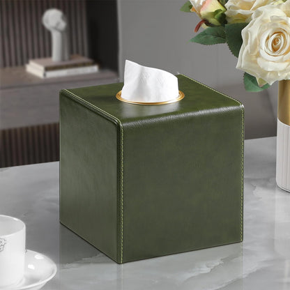 MEIBOOCH Square Tissue Box Cover, Luxury PU Leather Tissue Holder with Magnetic Closure (Dark Green)