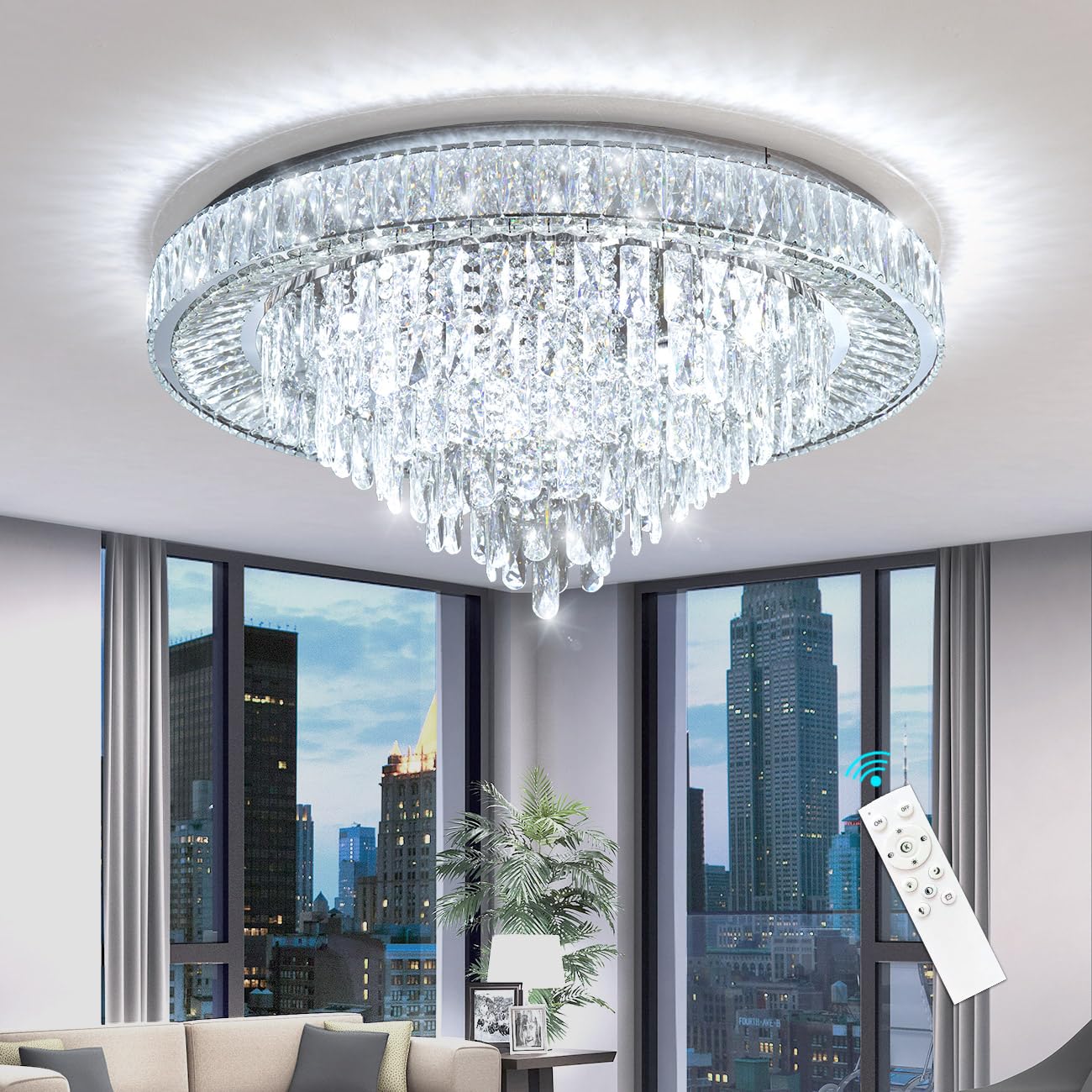 dolria Modern Chandeliers for Living Room Crystal Ceiling Light Fixture LED Dimmable Lamp with Remote Pendant Lighting Flush Mount Ceiling Lighting for Dining Room Bedrooms