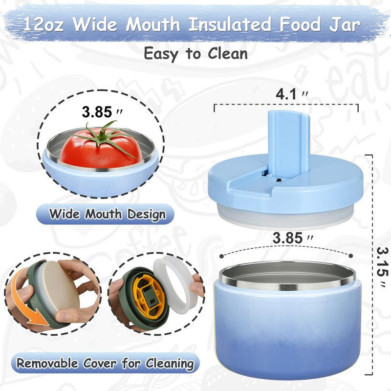 Pawtong 12oz Insulated Vacuum Food Jar with Buckle Lid Wide Mouth Soup Thermo for Hot Food Kids Leakproof Stainless Steel Lunch Container (Gradient Blue, 12OZ)
