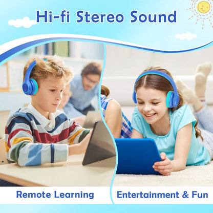 Candy Bila Kids Bluetooth 6.0 Headphones with LED Light, 85Hours Playtimes, Type-C Fast Charging, 85/94dB Volume Limited, Comfort Wireless Headphones with Built-in Mic, Wired & TF Card Mode, Blue