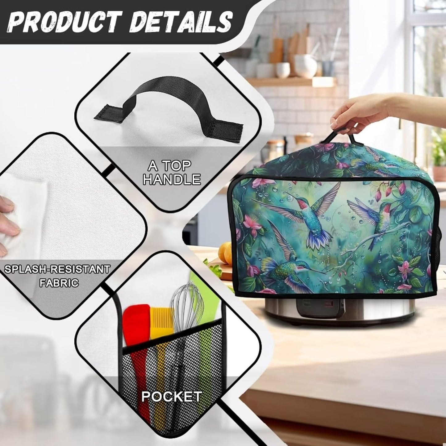 Hummingbird Crock Pot Cover, Floral Slow Cooker Dust Cover with Storage Pockets, Machine Washable