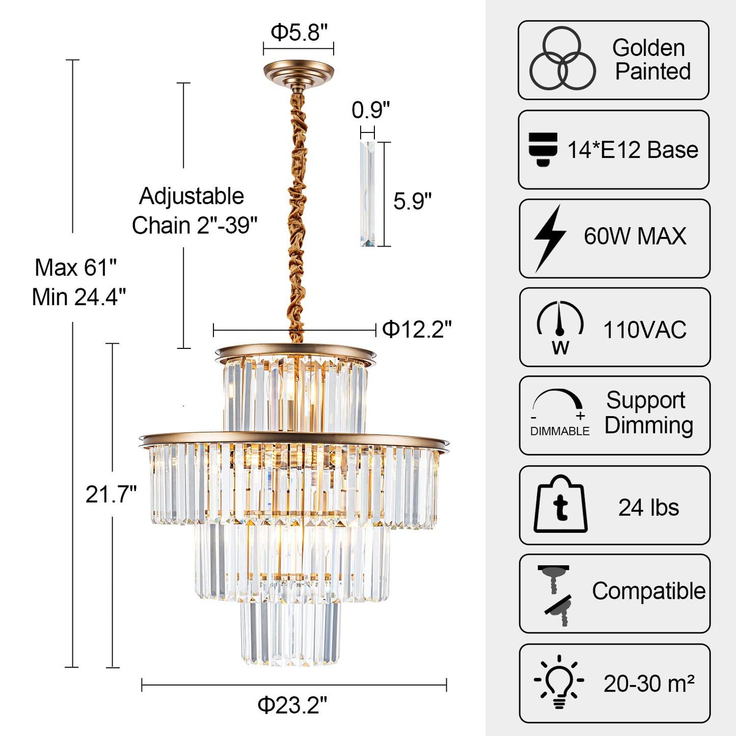 lighceac 23" 14-Light Modern Crystal Chandelier Light Fixtures 4-Tier Gold Luxury Chandeliers for Dining Room Round Hanging Pendant Lighting for Living Room Kitchen Entryway Bedroom Foyer Hallway