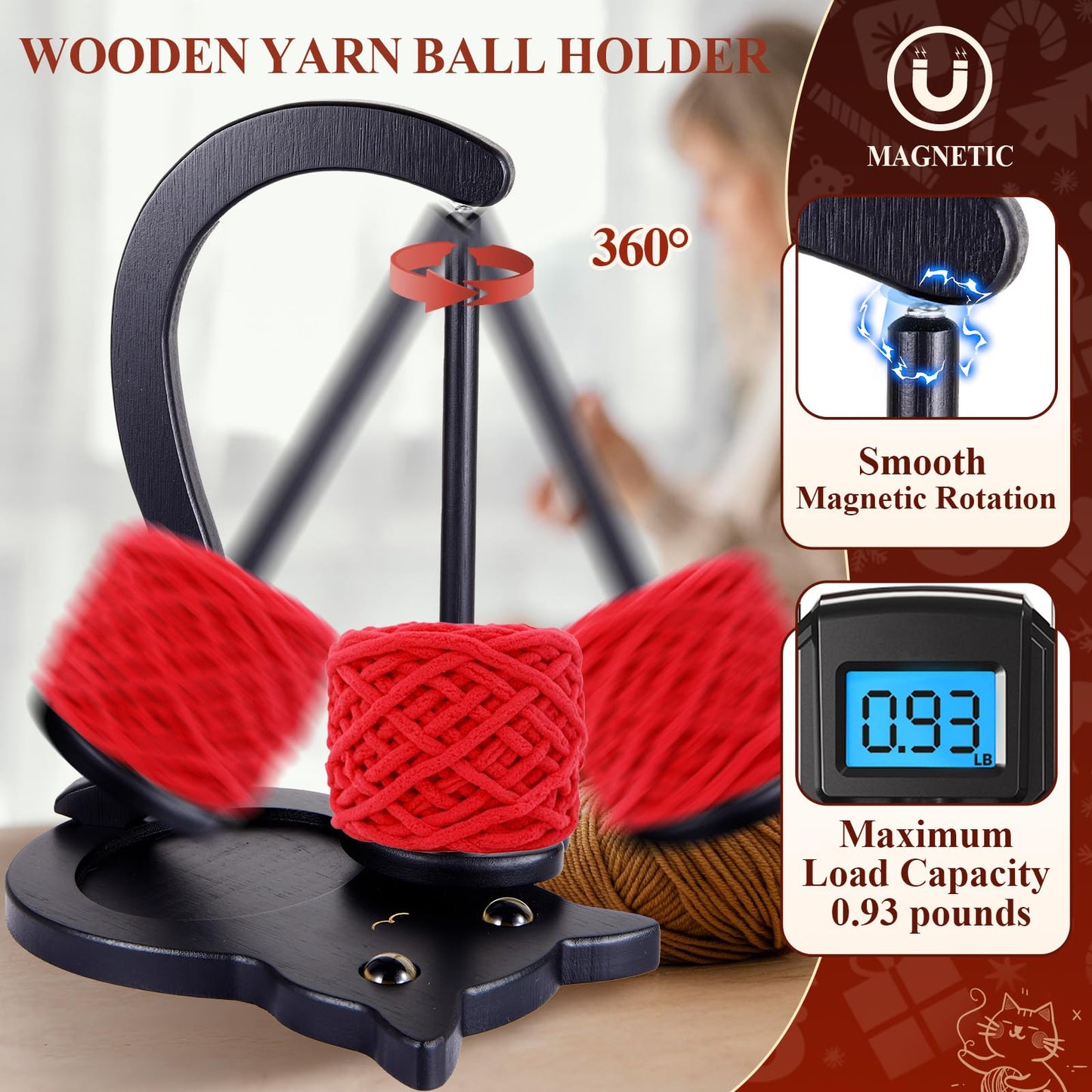 Black Cat Yarn Holder for Crocheting, Wooden Crochet Yarn Holder Magnetic Yarn Spinner with Accessories Storage Anti-Slip Pads,Yarn Ball Holder Crochet Gift for Knitting Lovers with Gift Box Packaging