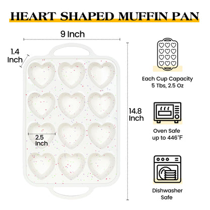 AOTASO 2 Pcs Heart Shaped Muffin Pan with Metal Reinforced Frame 12 Cup Nonstick Silicone Heart Cake Mold for Baking 2.5 Inch Cupcake Tray (Cream)