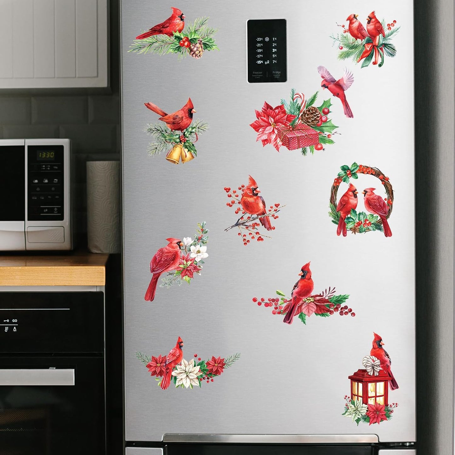 AnyDesign 12Pcs Christmas Refrigerator Magnets, Cardinal Holly Decorative Stickers for Indoor Outdoor Decor
