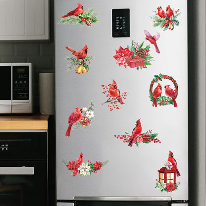 AnyDesign 12Pcs Christmas Refrigerator Magnets, Cardinal Holly Decorative Stickers for Indoor Outdoor Decor