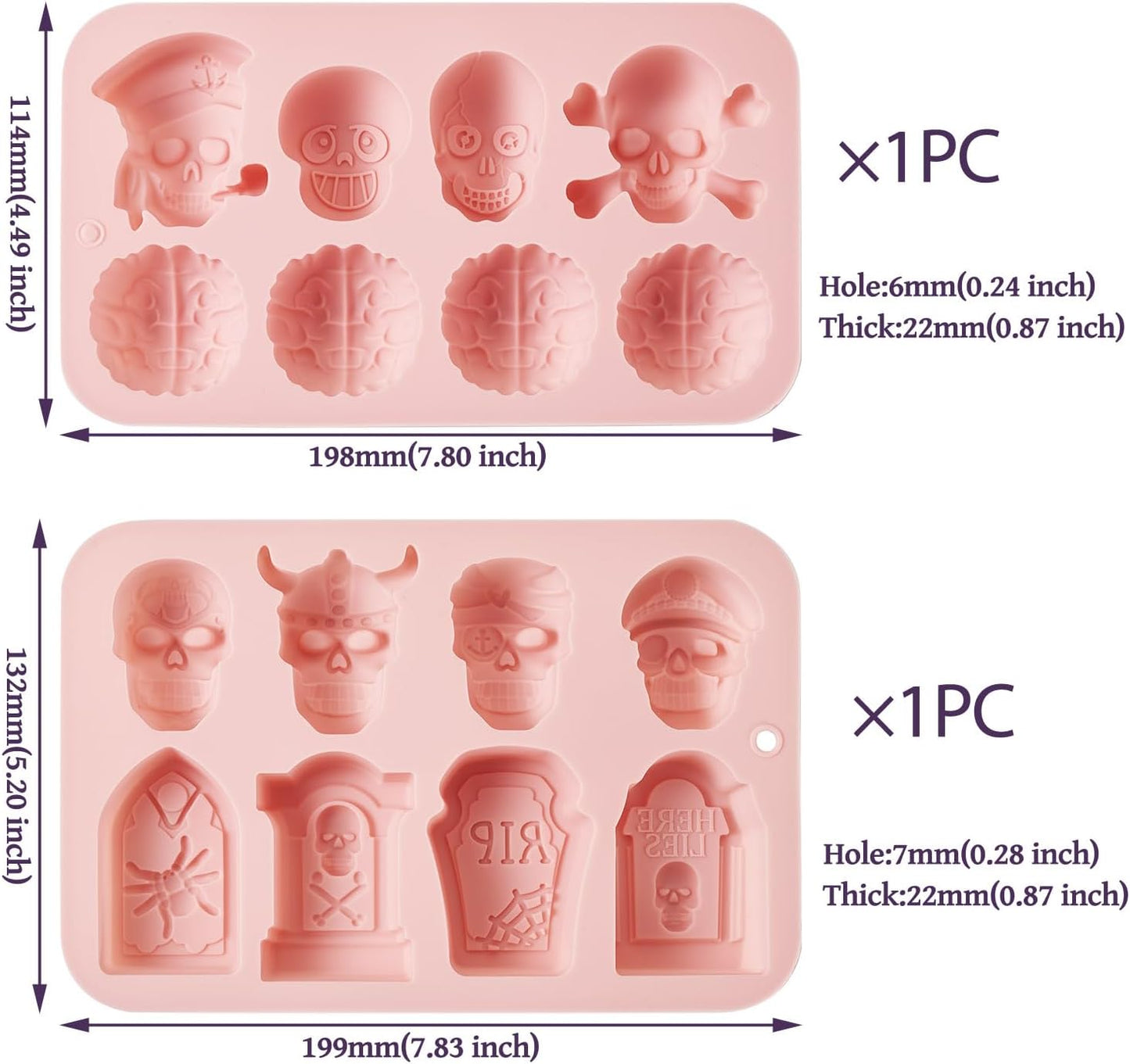 2Pcs Halloween Silicone Mold Skull Tomb Brain Fondant Molds for Gummy Jello Candy Chocolate Baking Decoration