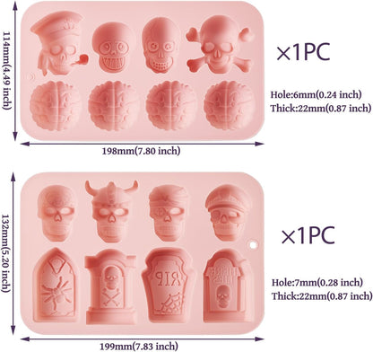 2Pcs Halloween Silicone Mold Skull Tomb Brain Fondant Molds for Gummy Jello Candy Chocolate Baking Decoration