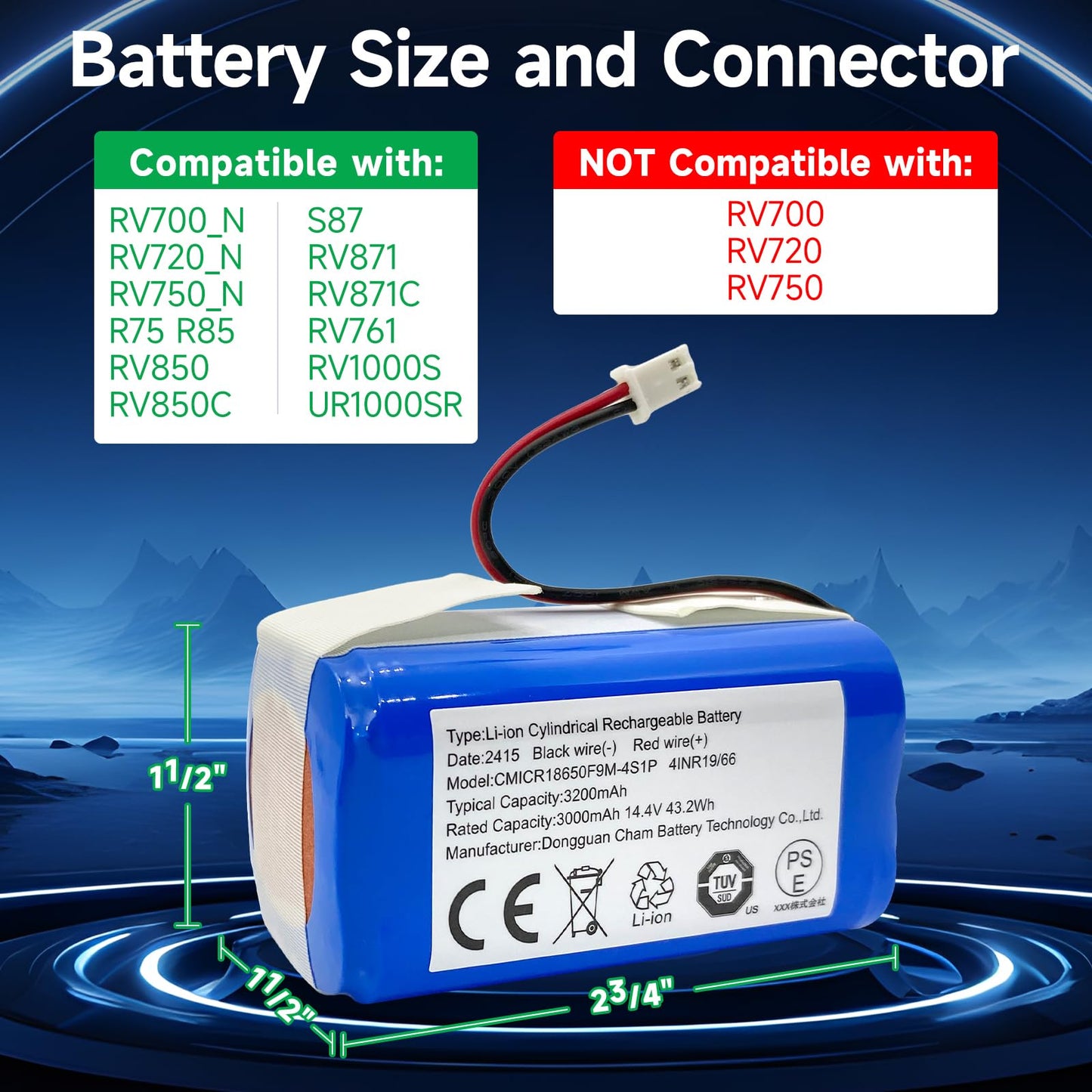 Replacement Shark RVBAT850 Battery for Shark Ion R75 R85 RV850 S87 AV752 AV751 RV761 RV851WV RV871 RV1000S RV1100VL RV101AE UR1000SR vacuum 3200mAh 14.4v/14.8v OEManufacturer CHAM (2-Prong Connector)