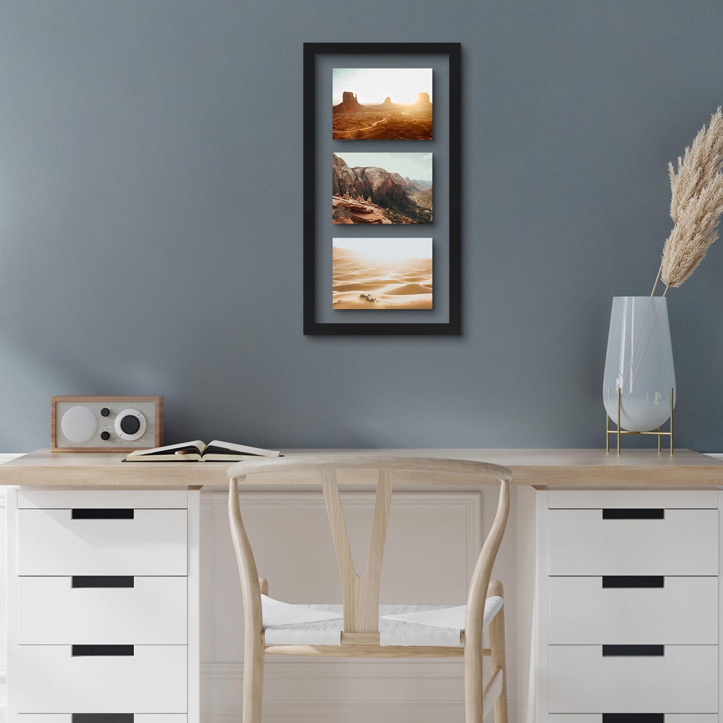 Americanflat 5x7 Picture Frame Collage with Shatter-Resistant Glass - Fits Three 5x7 Photos or use as One 10x20 Picture Frame - Signature Collection - Collage Frames with Floating Effect - Black