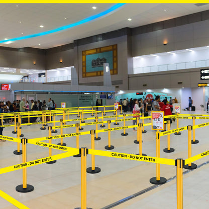 Therwen 6 Pack Heavy Duty Crowd Control Stanchions 9.8 ft Stainless Steel Stanchion Set with 6 Safety Barrier Post Retractable Belt and 1 Sign Holder Crowd Control Barrier(Caution Belt,Yellow)