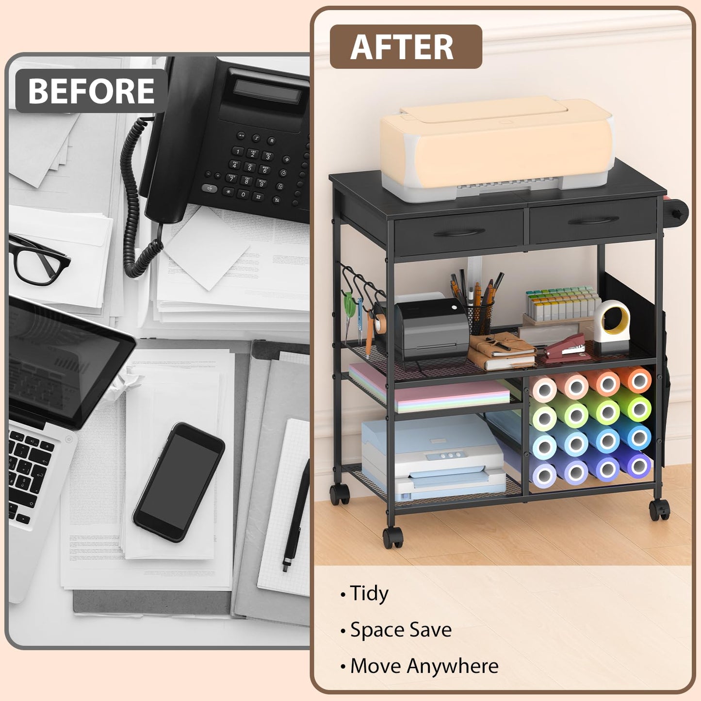 VEOSIR Craft Cart with Vinyl Roll Holder, Organizer & Storage Table for Cricut Machine with Drawer,Mobile Craft Organization and Storage Cart,Crafting Table Accessories Holder for Craft Room Black