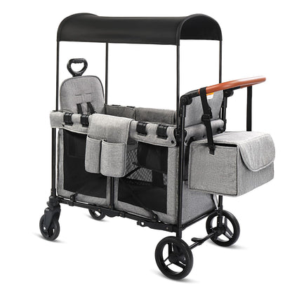 Wagon Stroller for 2 Kids, Foldable All-Terrain Wagon for Kids with Canopy, Adjustable Push and Pull Handles,Convertible High Seat & Organizer, 5 Point Harness (Gray)