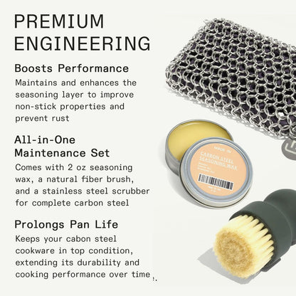 Made In Cookware | 3-Piece Carbon Steel Cleaning Set | Includes Chain Mail Scrubber, Cleaning Brush and Carbon Steel Seasoning Wax