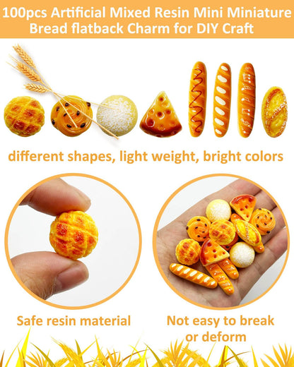 LOPURO 100Pcs Mini Fake Bread Artificial Resin Flatback Bakery Pastries Charms, Miniature Cake Simulation Food Model Tiny House Decor for DIY Craft Scrapbooking Embellishments Home Kitchen Display