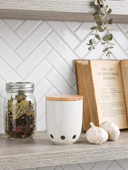 LEETOYI Ceramic Garlic Keeper for Counter, Garlic Holder with Wood Lid, Garlic Container for Kitchen, Garlic Saver to Keep Your Garlic Cloves Fresh Longer (White)