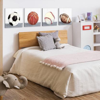 12x12" 4 Boys Room Wall Decor Sports Decor for Boys Bedroom Rustic Soccer Football Baseball Basketball Canvas Pictures
