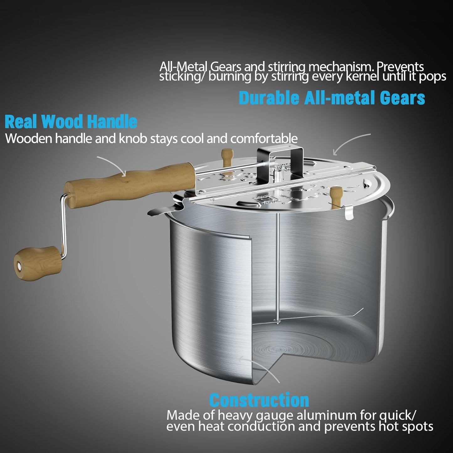 Cook N Home 6-Quart Aluminum Stovetop Popcorn Popper with Crank, Red Popcorn Pot