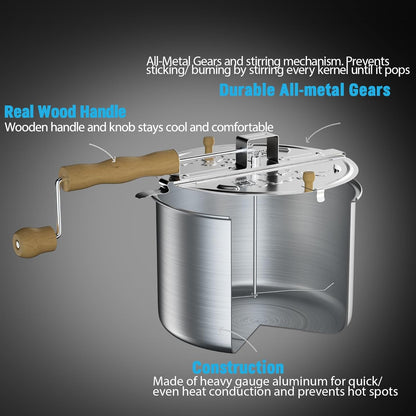 Cook N Home 6-Quart Aluminum Stovetop Popcorn Popper with Crank, Red Popcorn Pot