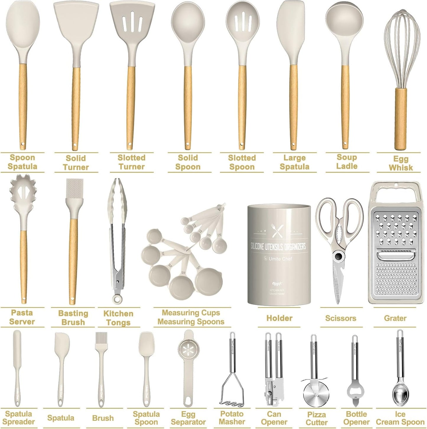 Umite Chef Silicone Kitchen Utensil Set, 34PCS Heat Resistant Gadgets with Grater, Wood Handles