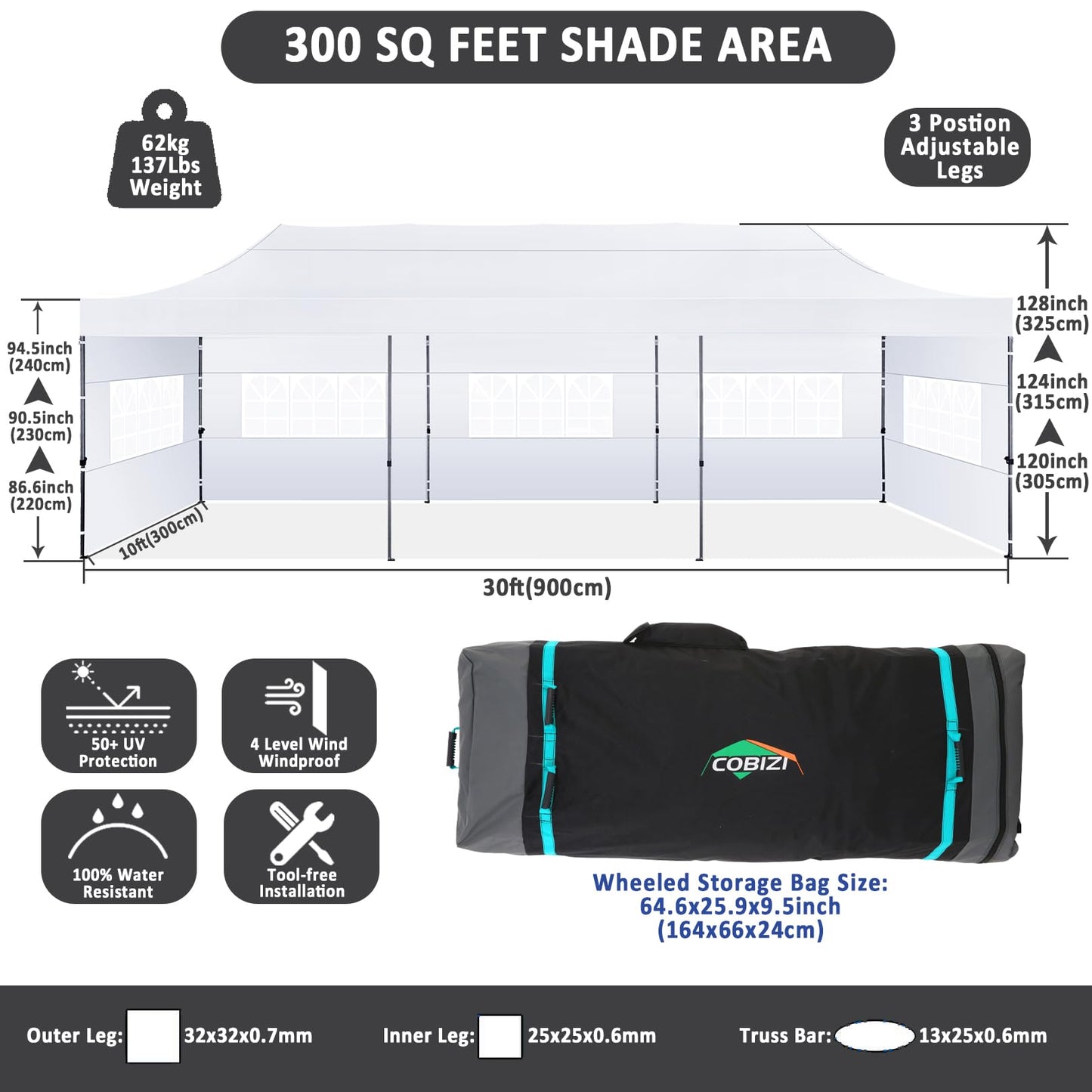 COBIZI 10x30 Pop Up Canopy with 8 Sidewall,Heavy Duty UPF 50+ All Season Wind Waterproof Commercial Outdoor Wedding Party Tents for Parties Canopy Gazebo with Roller Bag(10 x 30 ft White)