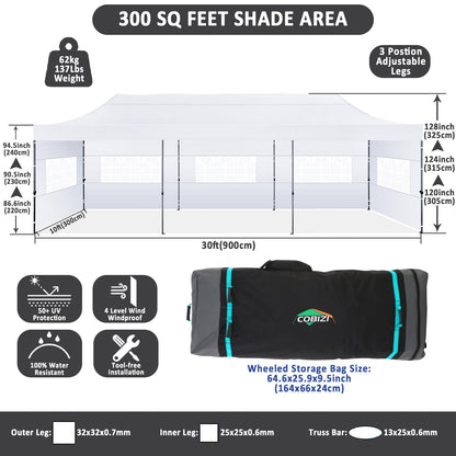COBIZI 10x30 Pop Up Canopy with 8 Sidewall,Heavy Duty UPF 50+ All Season Wind Waterproof Commercial Outdoor Wedding Party Tents for Parties Canopy Gazebo with Roller Bag(10 x 30 ft White)